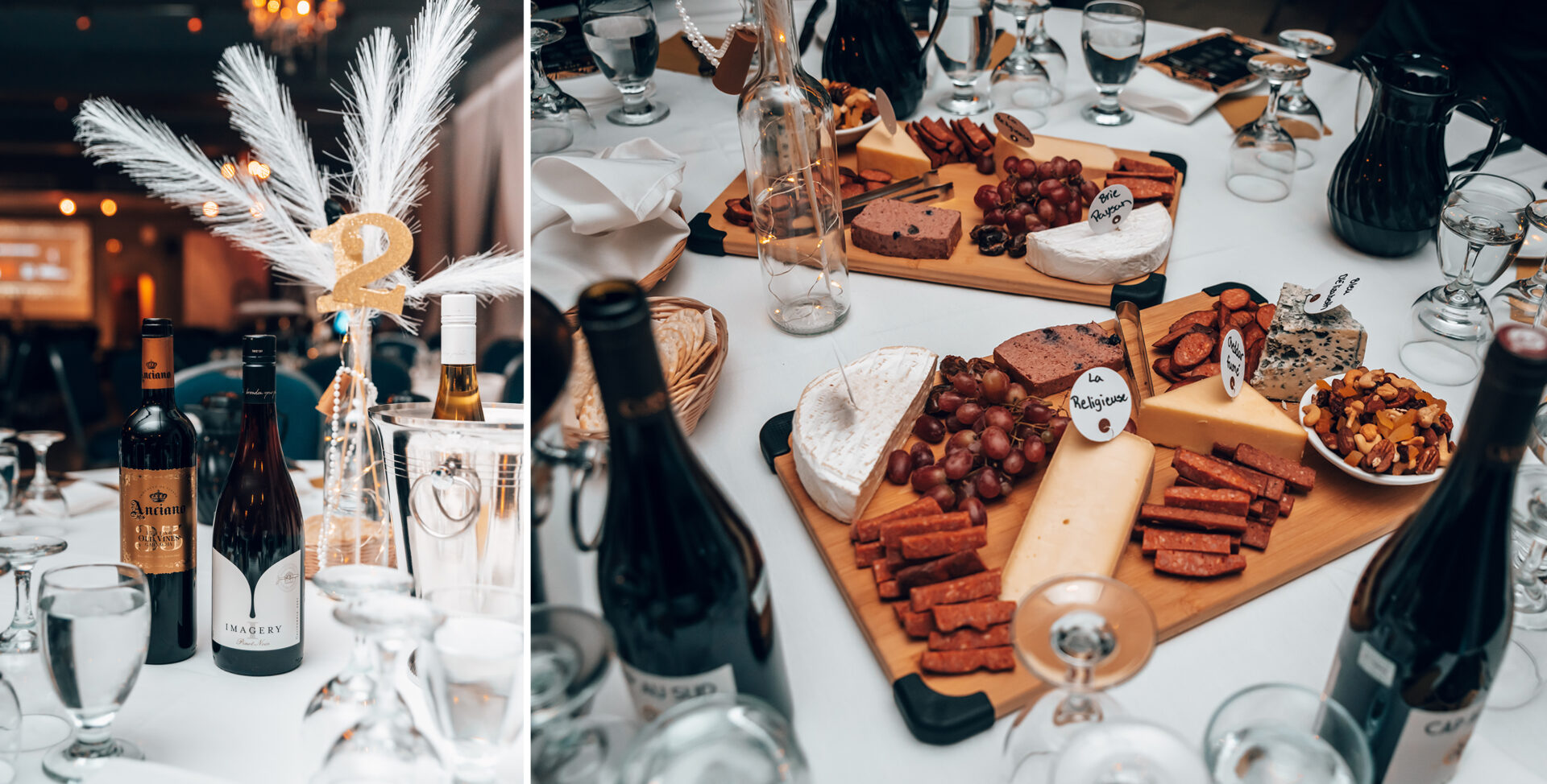 une table montée et décorée lors d'une soirée de levée de fond type vins et fromages à la Jeune Chambre de Victoriaville en 2022